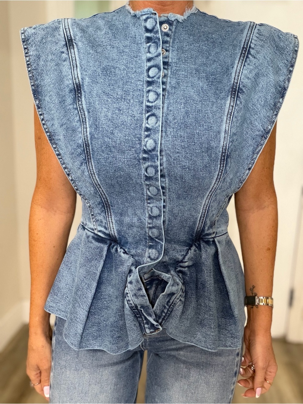 AKIRA Light Blue Denim Peplum Button-Down Top